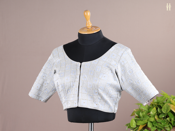 Round Neck Checks Design Light Grey Raw Silk Readymade Blouse