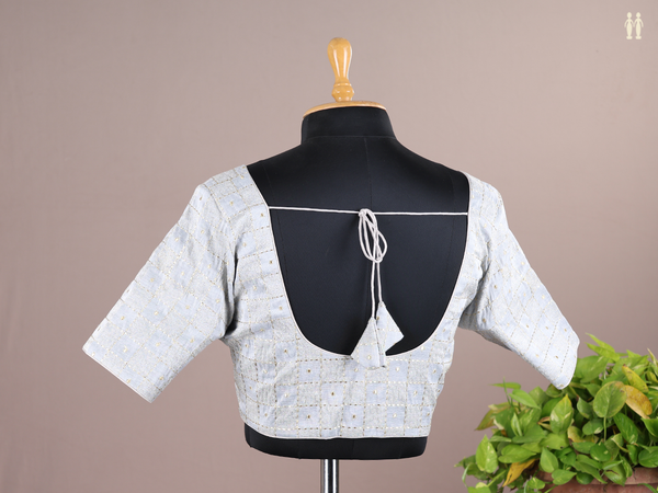 Round Neck Checks Design Light Grey Raw Silk Readymade Blouse