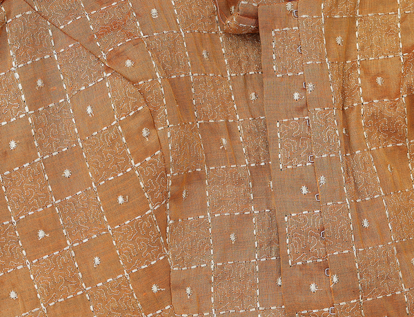 Round Neck Checks Design Orange Raw Silk Readymade Blouse