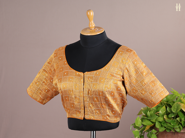 Round Neck Checks Design Orange Raw Silk Readymade Blouse