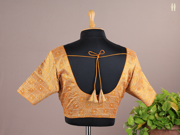 Round Neck Checks Design Orange Raw Silk Readymade Blouse