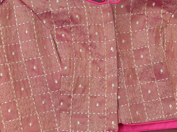 Round Neck Checks Design Pink Semi Raw Silk Readymade Blouse