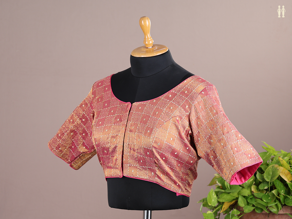 Round Neck Checks Design Pink Semi Raw Silk Readymade Blouse