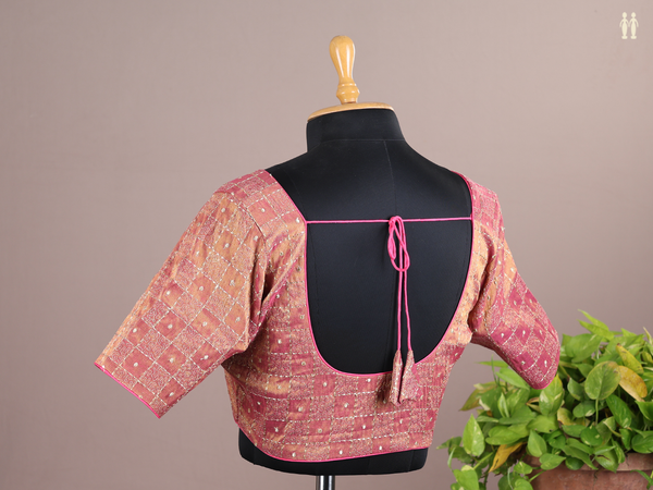 Round Neck Checks Design Pink Semi Raw Silk Readymade Blouse