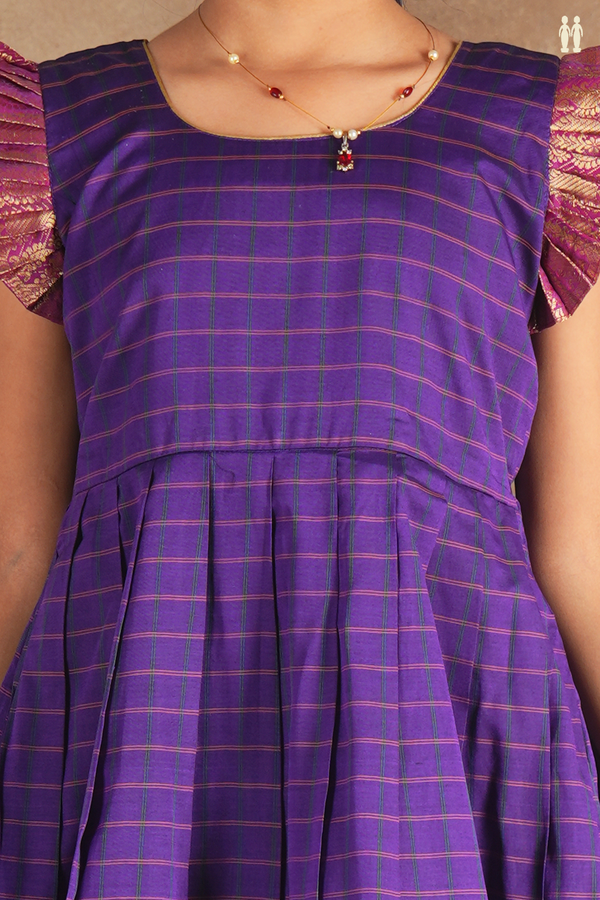 Round Neck Checks Design Purple Cotton Frock