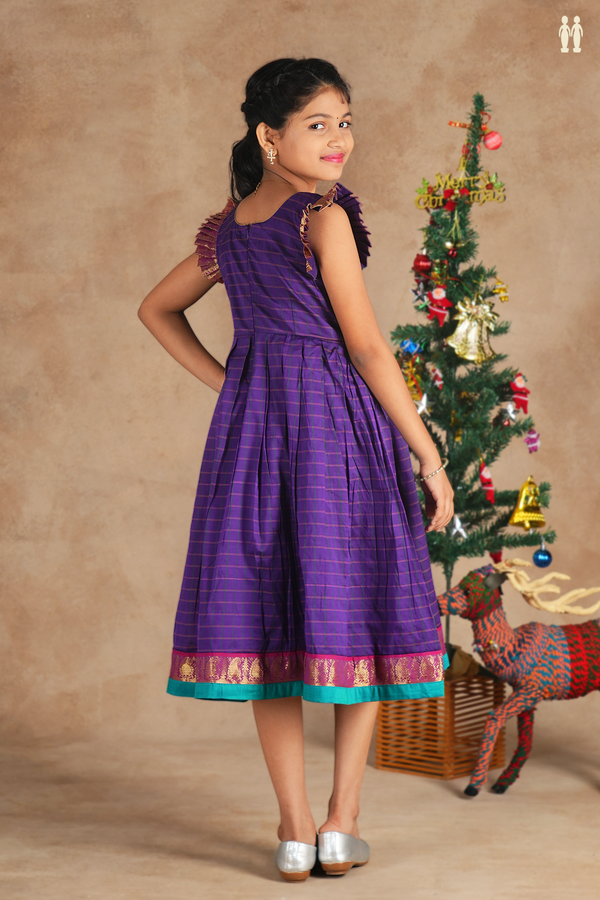 Round Neck Checks Design Purple Cotton Frock
