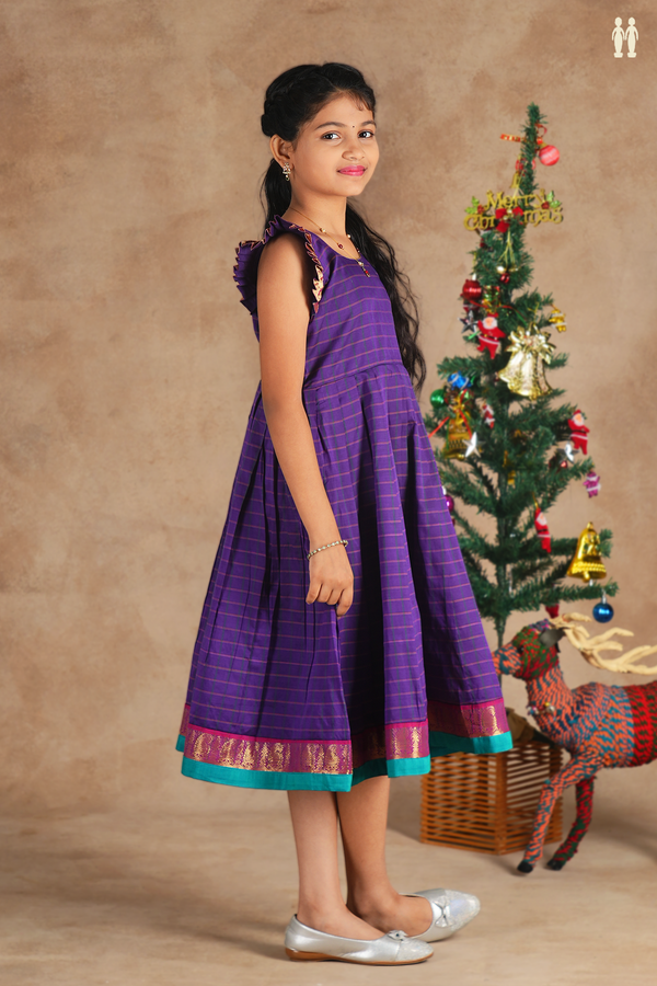 Round Neck Checks Design Purple Cotton Frock