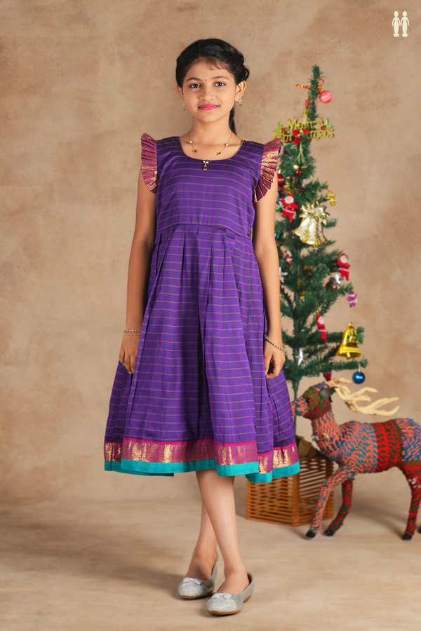 Round Neck Checks Design Purple Cotton Frock