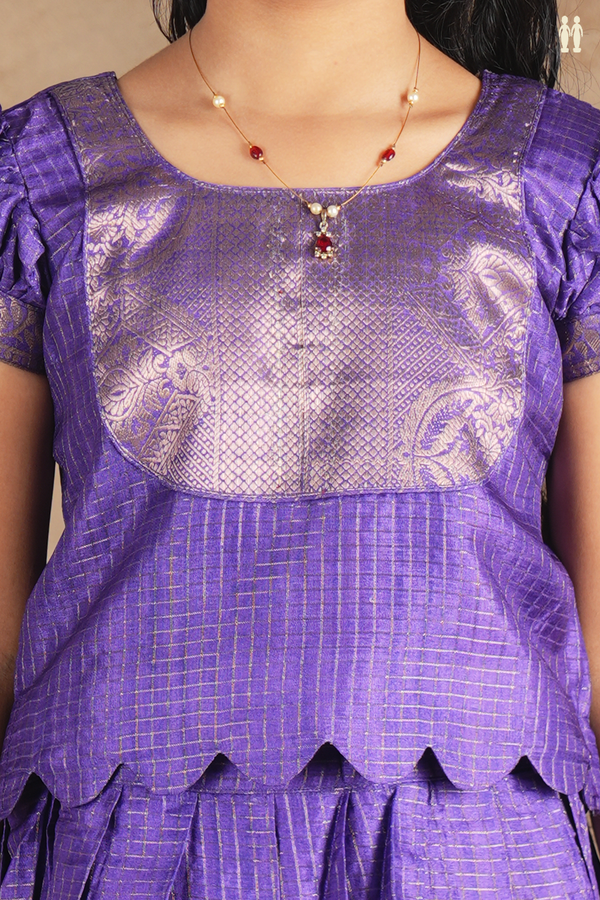 Round Neck Checks Design Purple Silk Cotton Pavadai Sattai