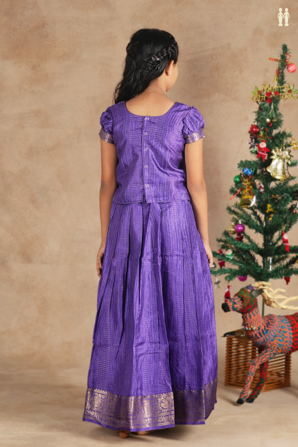 Round Neck Checks Design Purple Silk Cotton Pavadai Sattai