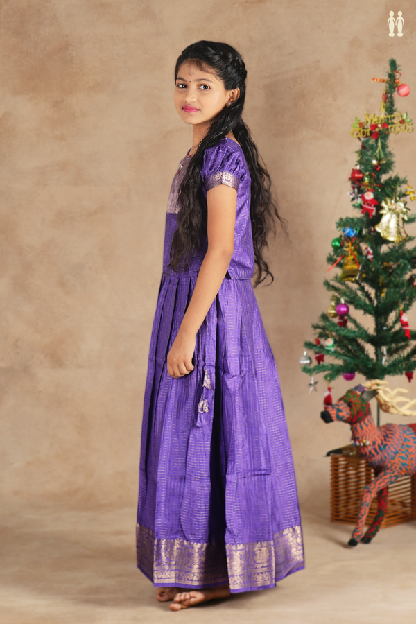 Round Neck Checks Design Purple Silk Cotton Pavadai Sattai