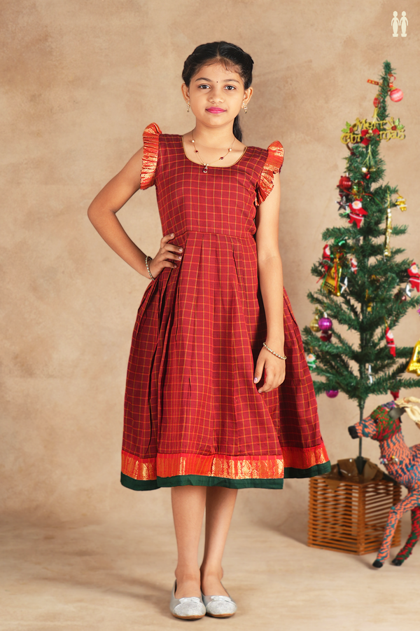 Round Neck Checks Design Red Cotton Frock