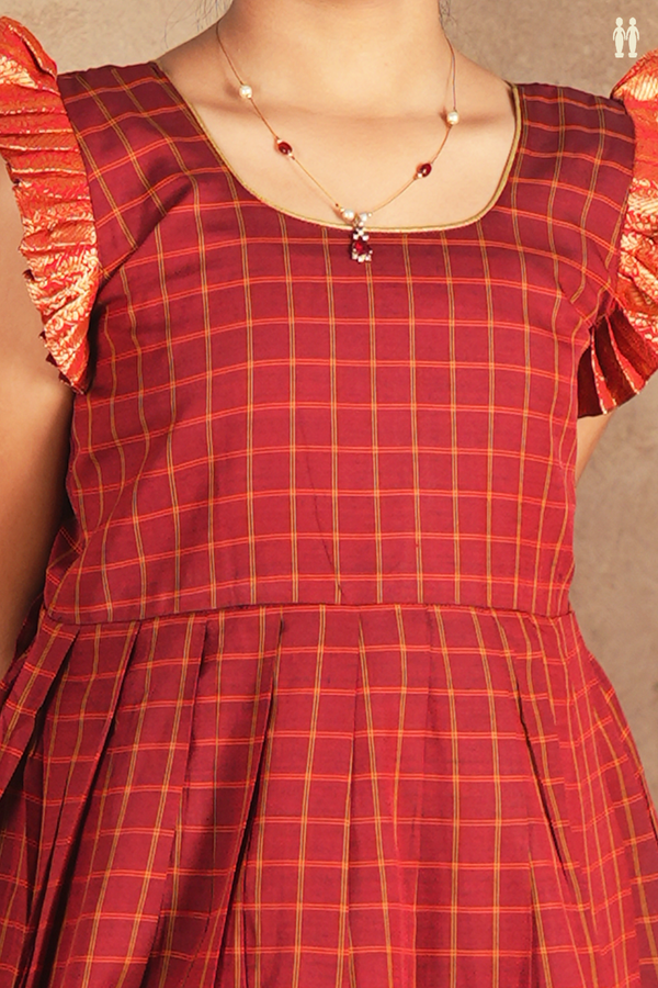 Round Neck Checks Design Red Cotton Frock