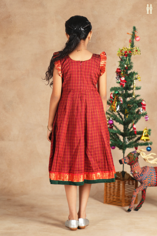 Round Neck Checks Design Red Cotton Frock