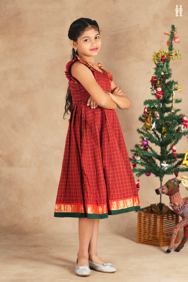 Round Neck Checks Design Red Cotton Frock