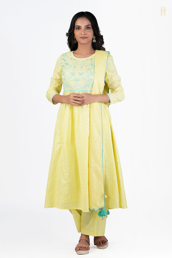 Round Neck Checks Design Yellow Cotton Salwar Set