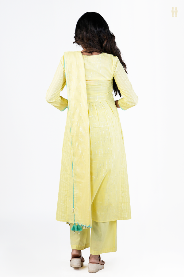 Round Neck Checks Design Yellow Cotton Salwar Set
