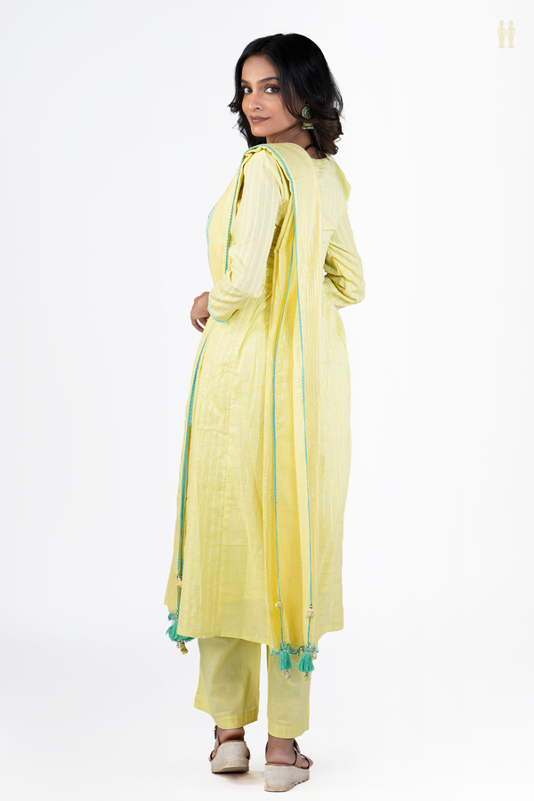Round Neck Checks Design Yellow Cotton Salwar Set