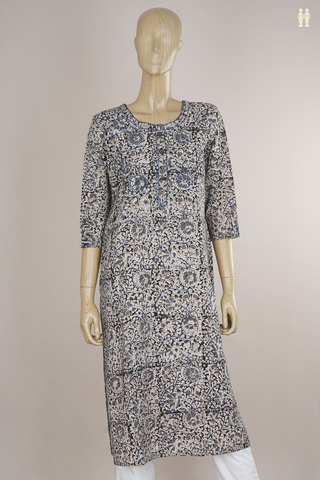Round Neck Floral Design Black And Beige Kalamkari Long Kurta