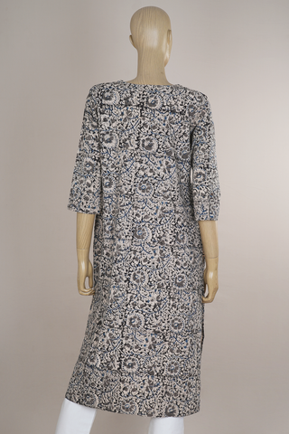 Round Neck Floral Design Black And Beige Kalamkari Long Kurta