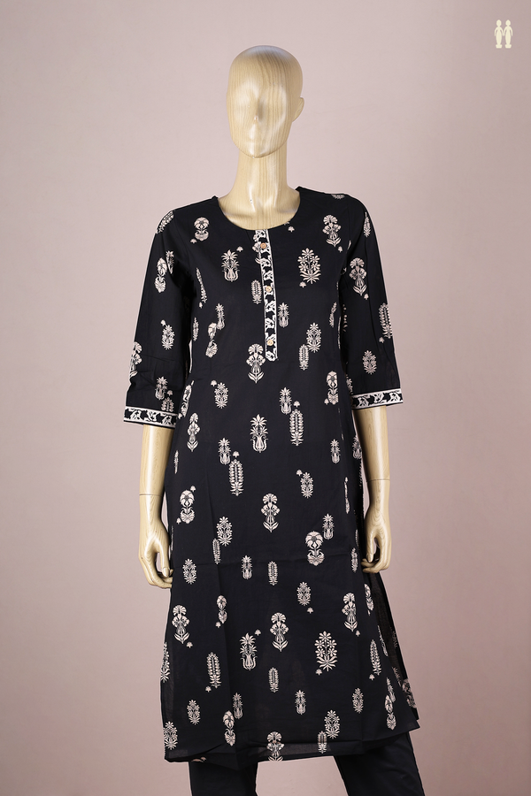 Round Neck Floral Design Black Cotton Long Kurta