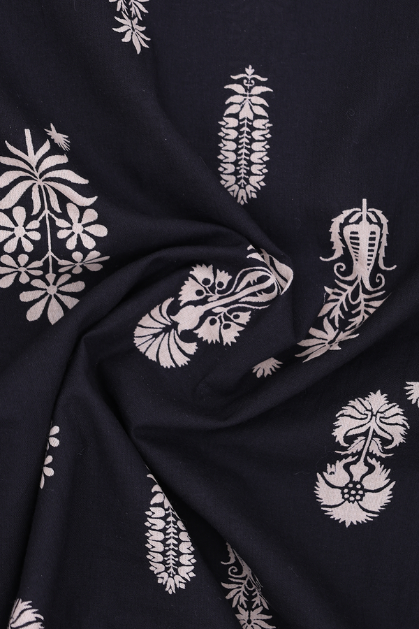 Round Neck Floral Design Black Cotton Long Kurta