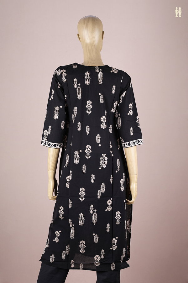 Round Neck Floral Design Black Cotton Long Kurta