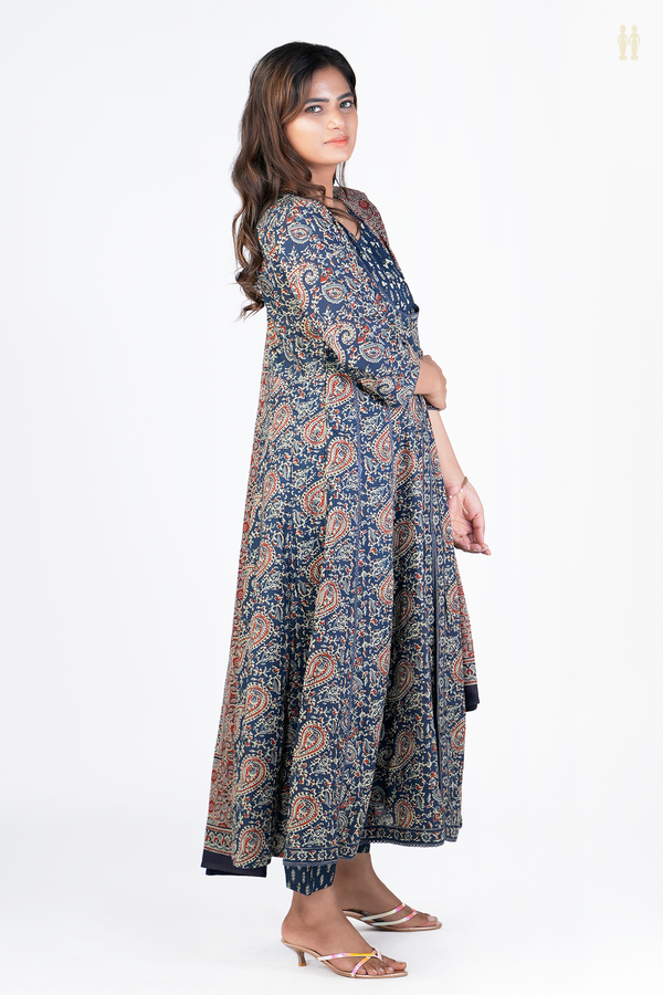 Round Neck Floral Design Blue Printed Cotton Salwar Set