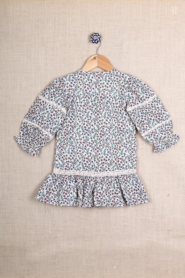 Round Neck Floral Design Egg White Jaipur Cotton Frock