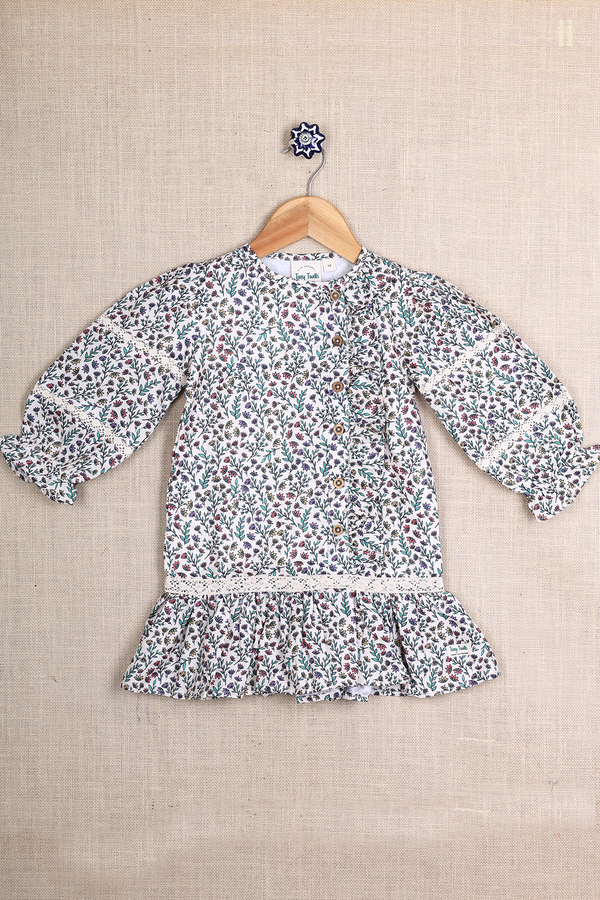Round Neck Floral Design Egg White Jaipur Cotton Frock
