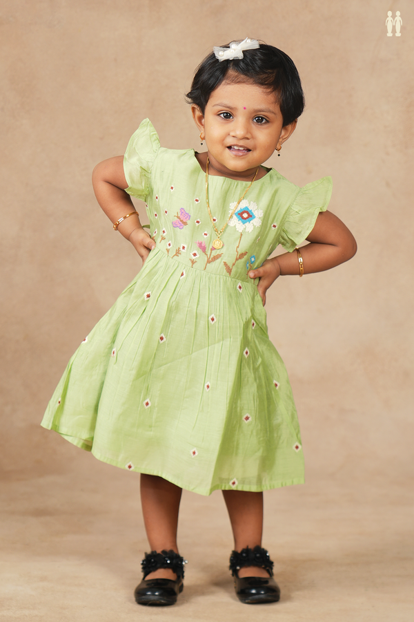 Round Neck Floral Design Green Cotton Frock