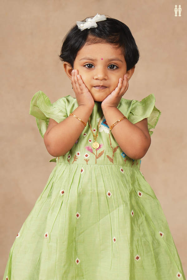 Round Neck Floral Design Green Cotton Frock