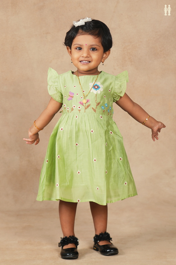Round Neck Floral Design Green Cotton Frock