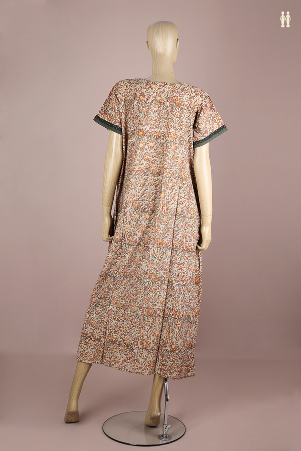 Round Neck Floral Design Green Kalamkari Cotton Nightie
