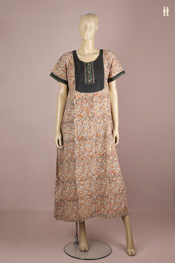Round Neck Floral Design Green Kalamkari Cotton Nightie