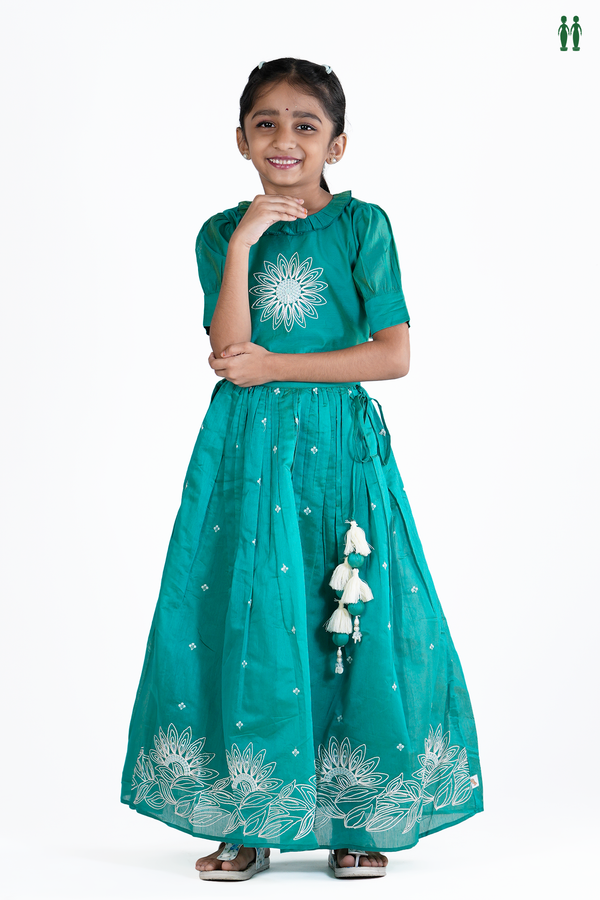 Round Neck Floral Design Green Silk Cotton Skirt And Top