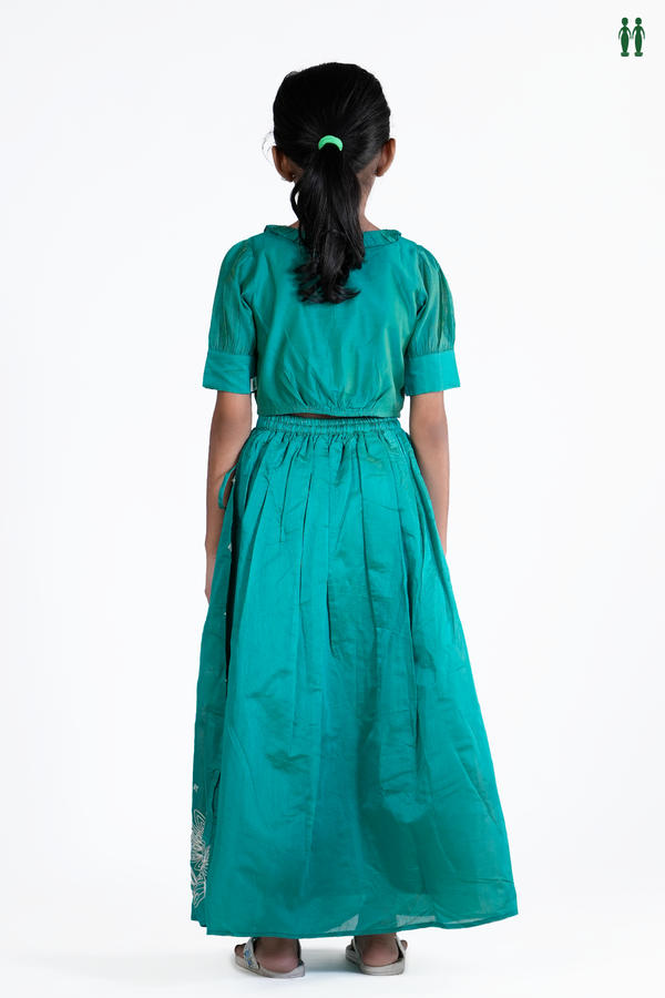 Round Neck Floral Design Green Silk Cotton Skirt And Top