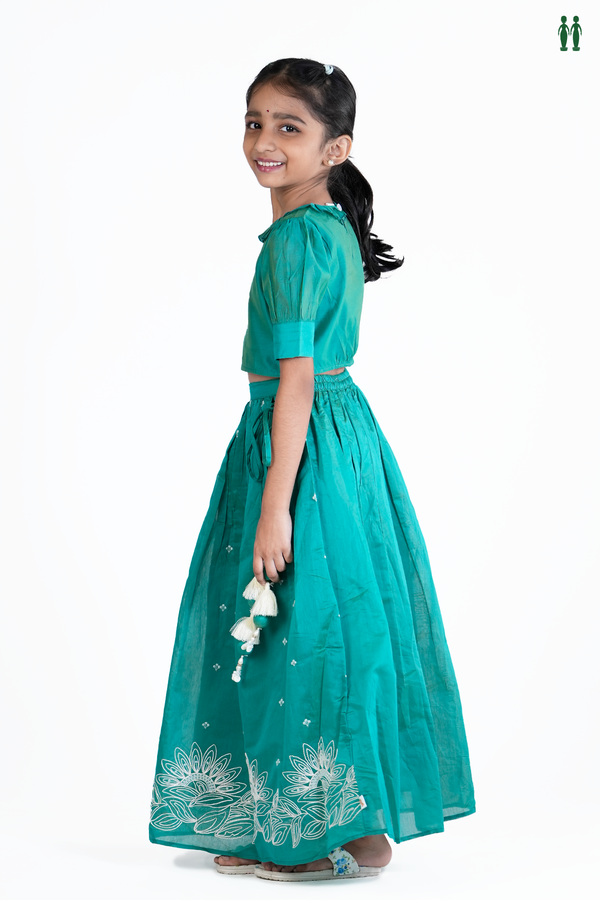 Round Neck Floral Design Green Silk Cotton Skirt And Top