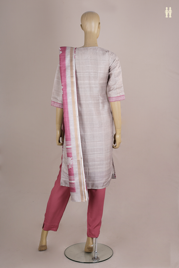 Round Neck Floral Design Khaki Tussar Salwar Set