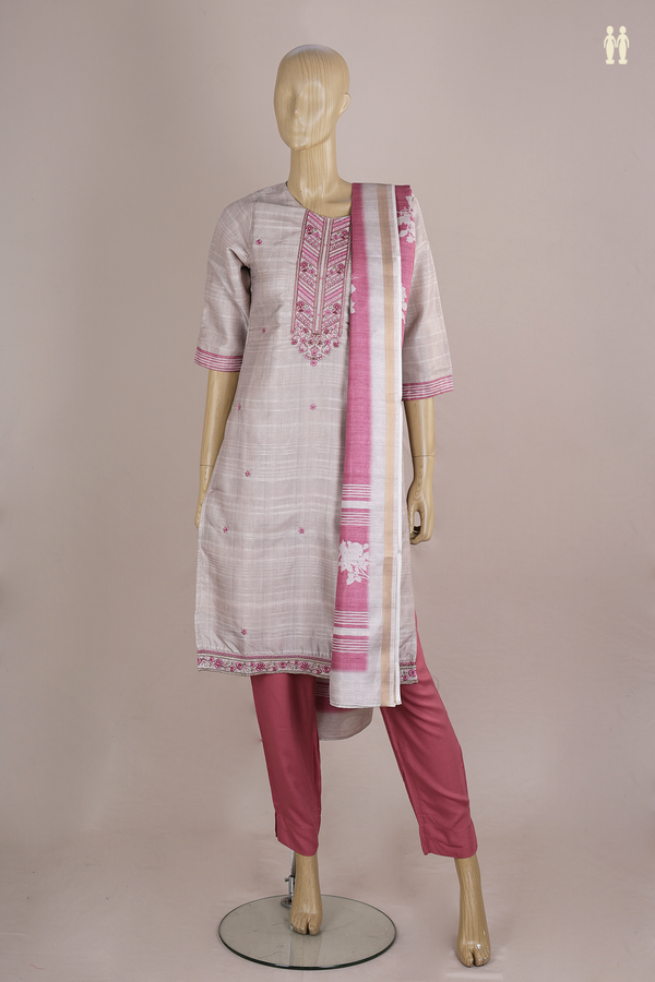 Round Neck Floral Design Khaki Tussar Salwar Set