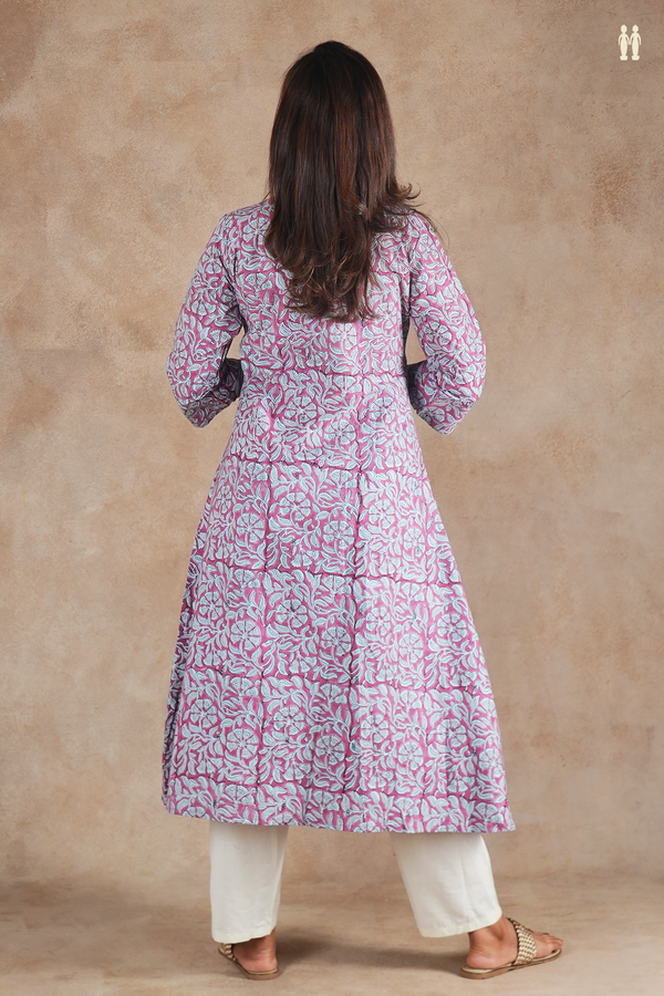 Round Neck Floral Design Mulberry Cotton Long Kurta