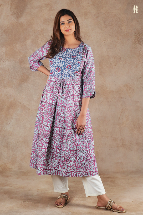 Round Neck Floral Design Mulberry Cotton Long Kurta