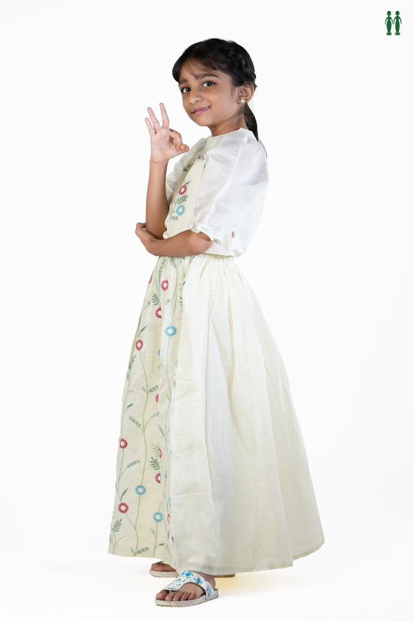 Round Neck Floral Design Pale Green Silk Cotton Skirt And Top