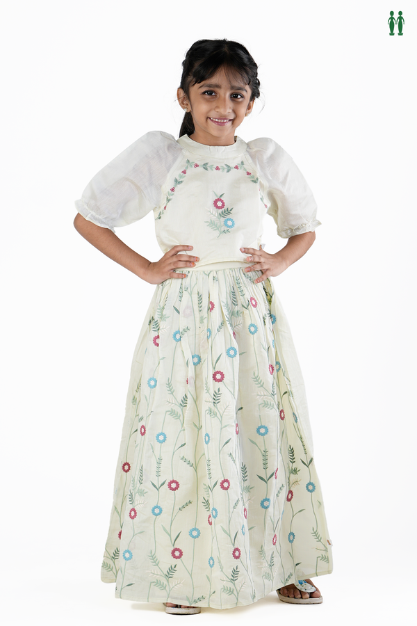 Round Neck Floral Design Pale Green Silk Cotton Skirt And Top