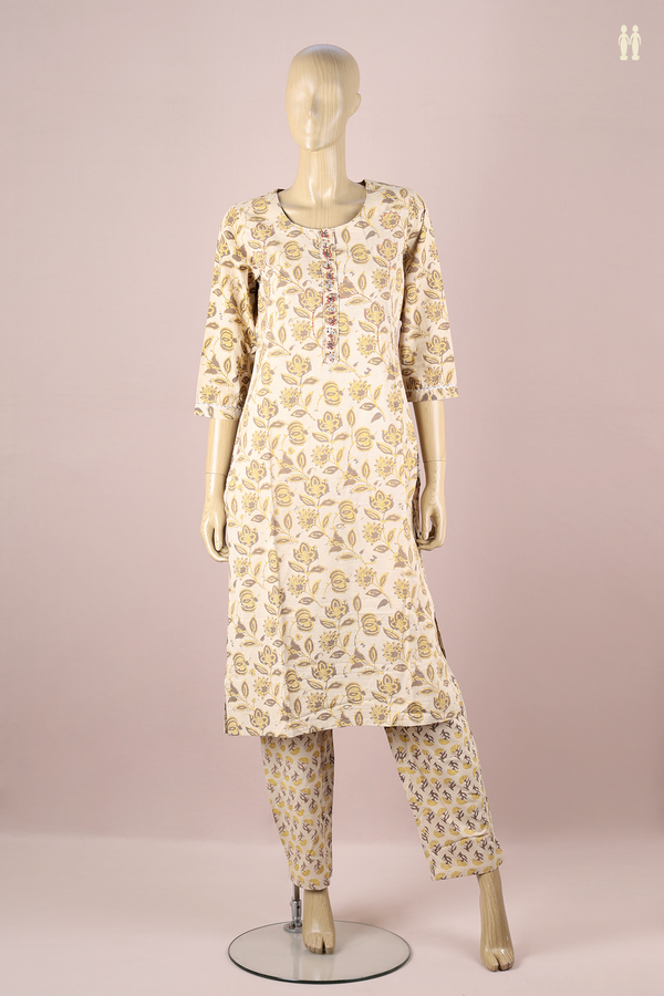 Round Neck Floral Design Pastel Brown Cotton Salwar Set