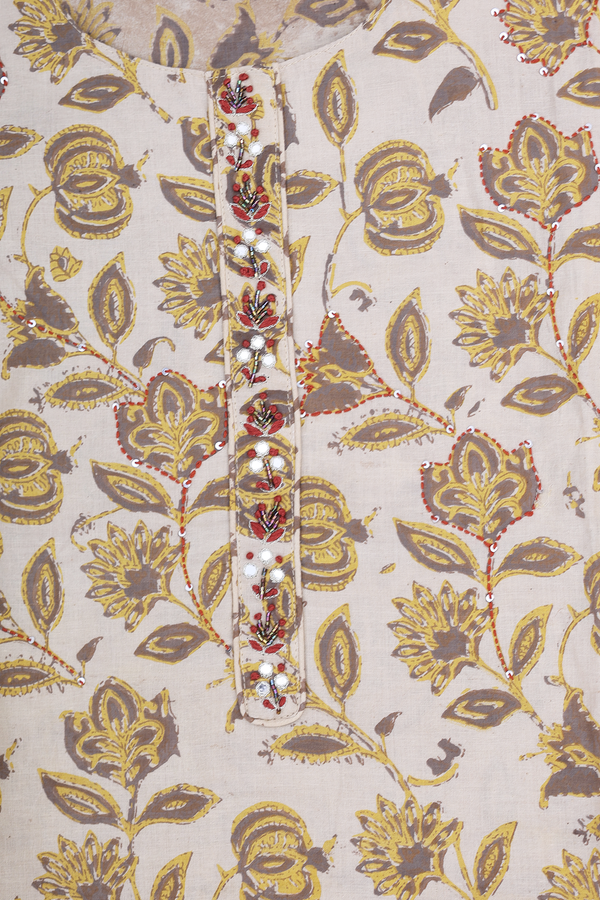 Round Neck Floral Design Pastel Brown Cotton Salwar Set