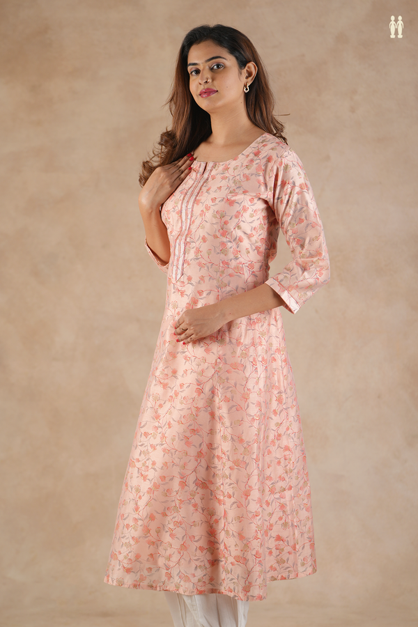Round Neck Floral Design Peach Silk Cotton Long Kurta