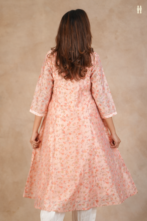 Round Neck Floral Design Peach Silk Cotton Long Kurta