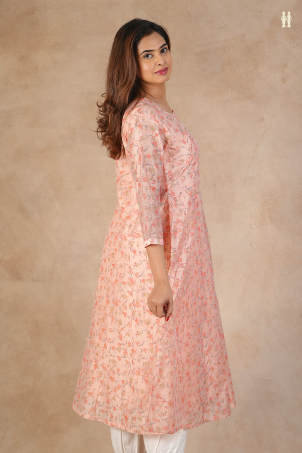 Round Neck Floral Design Peach Silk Cotton Long Kurta