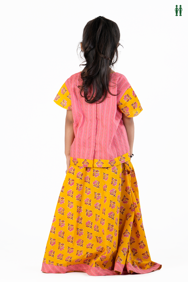 Round Neck Floral Design Pink And Yellow Cotton Pavadai Sattai